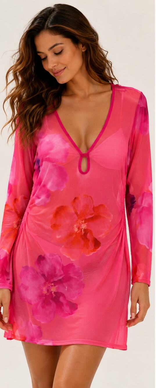 Label of Love Pink Floral Sheer Mesh Swim Cover Up Tunic XL